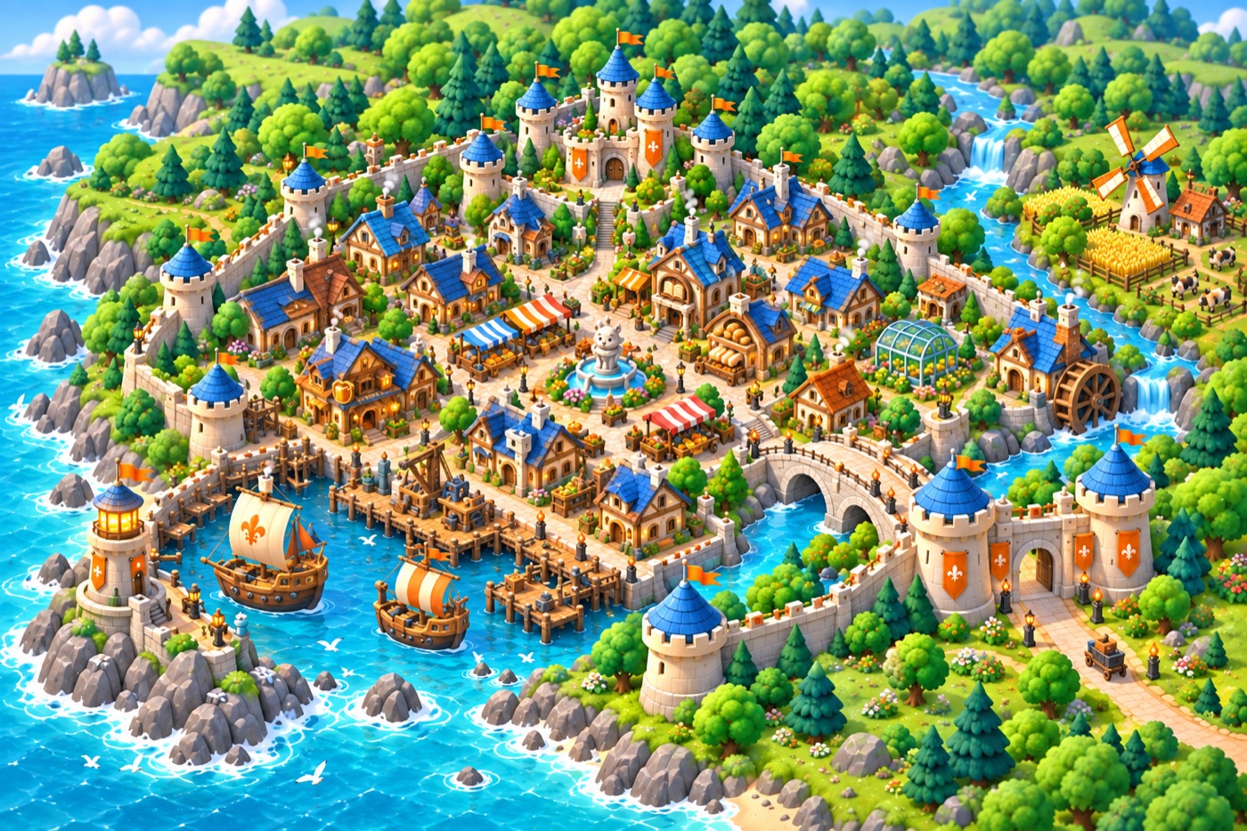 Diseño de un pueblo medieval de tejados azules, junto al mar, con puerto, puente y castillo